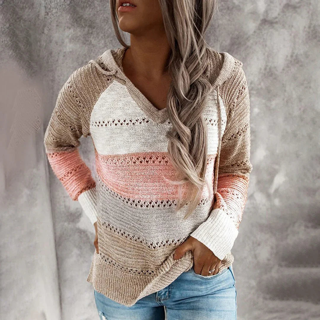 Women’s Pullover Top – Relaxed Fit – V-Neck – Textured Knit – Hooded Casual Style