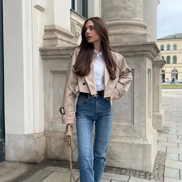 Women’s Cropped Coat – Tailored Fit – Double-Breasted – Belted Military Style