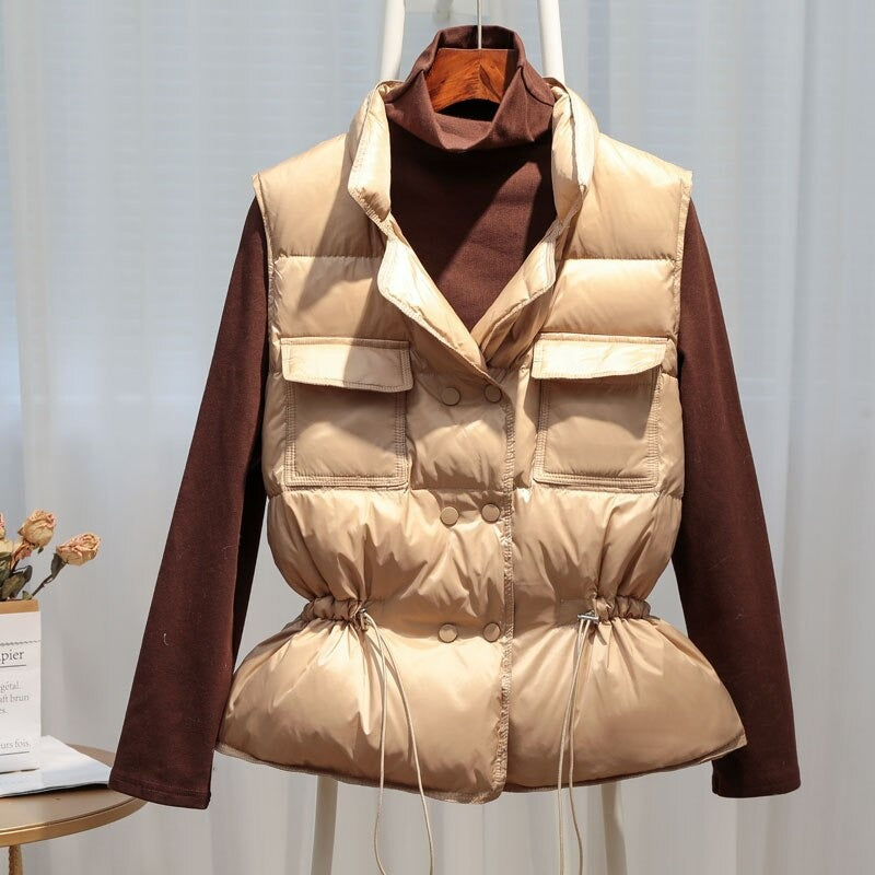 Women’s Puffer Vest – Quilted Structured Fit – Drawstring Waist – Standing Collar