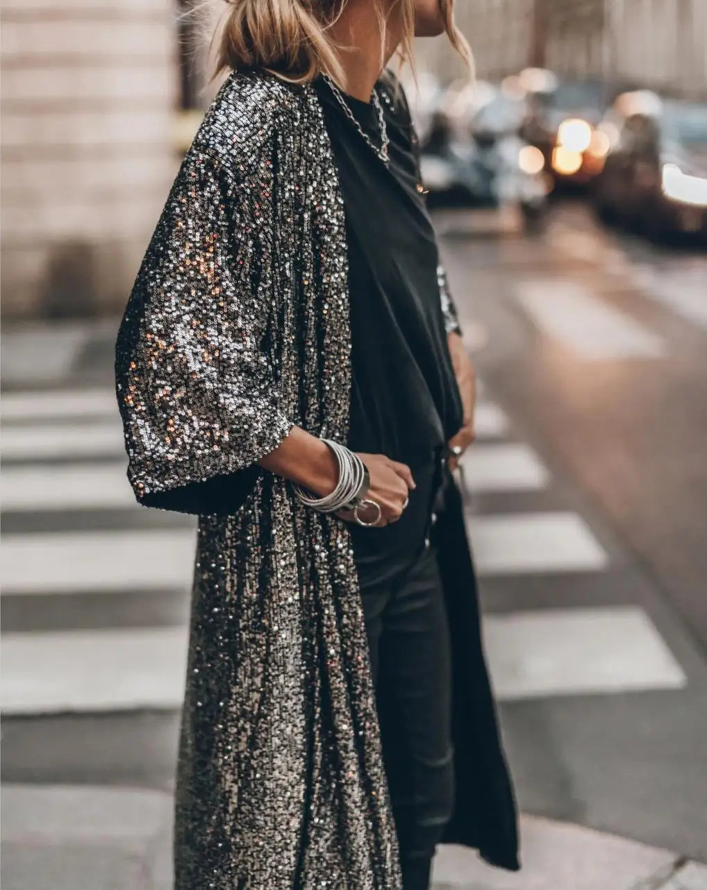 Open front sequin midi cardigan for women