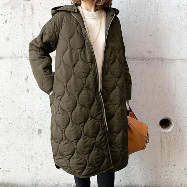 Women’s Parka Coat – Quilted Oversized Fit – Hooded Knee-Length Zip Closure