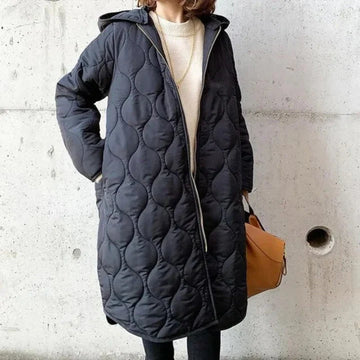 Women’s Quilted Jacket – Oversized Fit – Long Length – Hooded with Zip Front