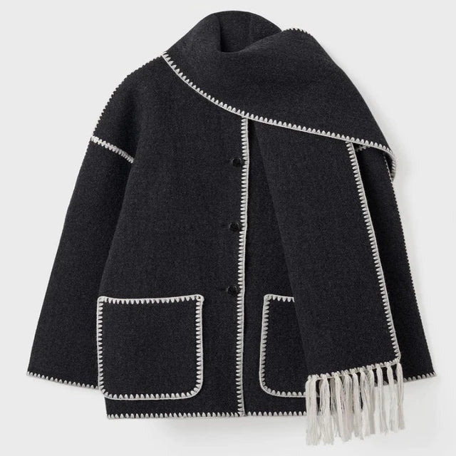 Women’s Coat Jacket – Wool Blend – Oversized Fit – Fringe Detail – Whipstitch Trim