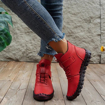 Women's Ankle Boots - Leather - Lace-Up with Hook-and-Loop Strap - Flat Heel - Rugged Sole