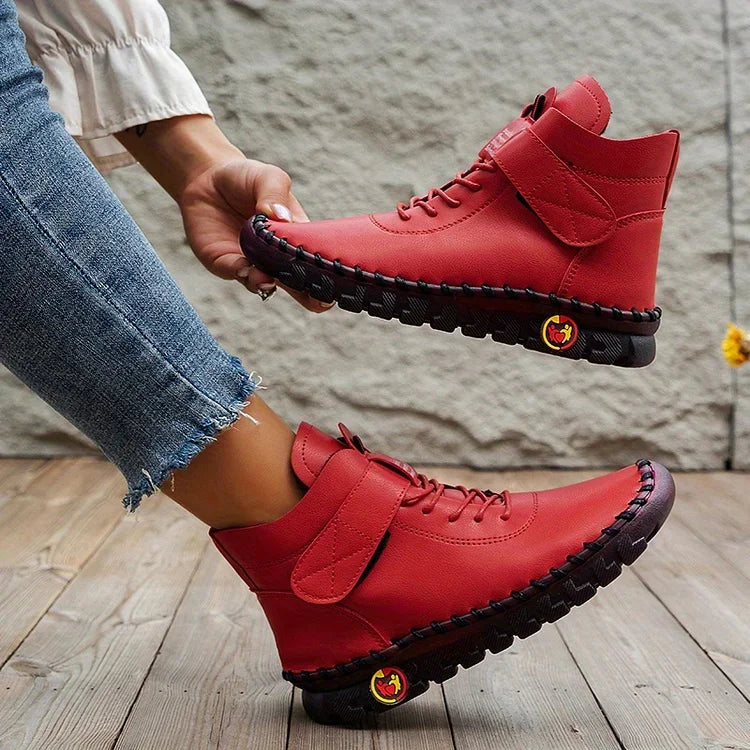 Women's Ankle Boots - Leather - Lace-Up with Hook-and-Loop Strap - Flat Heel - Rugged Sole