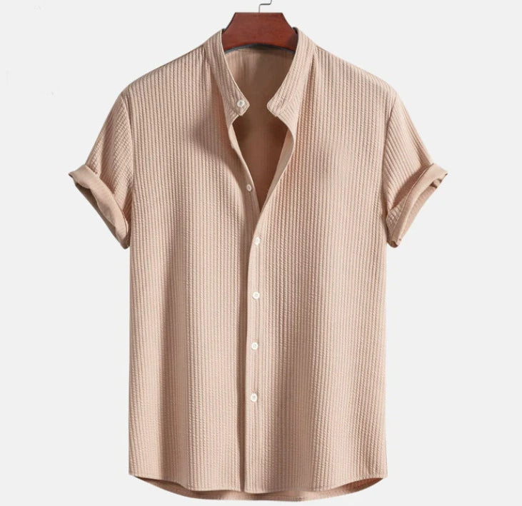 Men’s Short-Sleeve Button-Up Shirt - Seersucker Textured - Mandarin Collar - Relaxed Fit