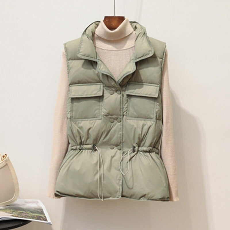 Women’s Puffer Vest – Quilted Structured Fit – Drawstring Waist – Standing Collar