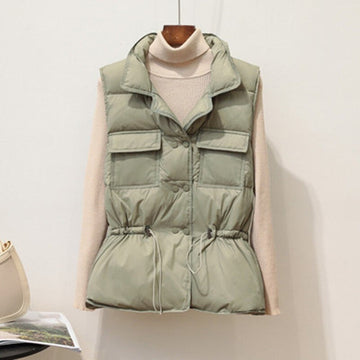 Women’s Puffer Vest – Quilted Structured Fit – Drawstring Waist – Standing Collar