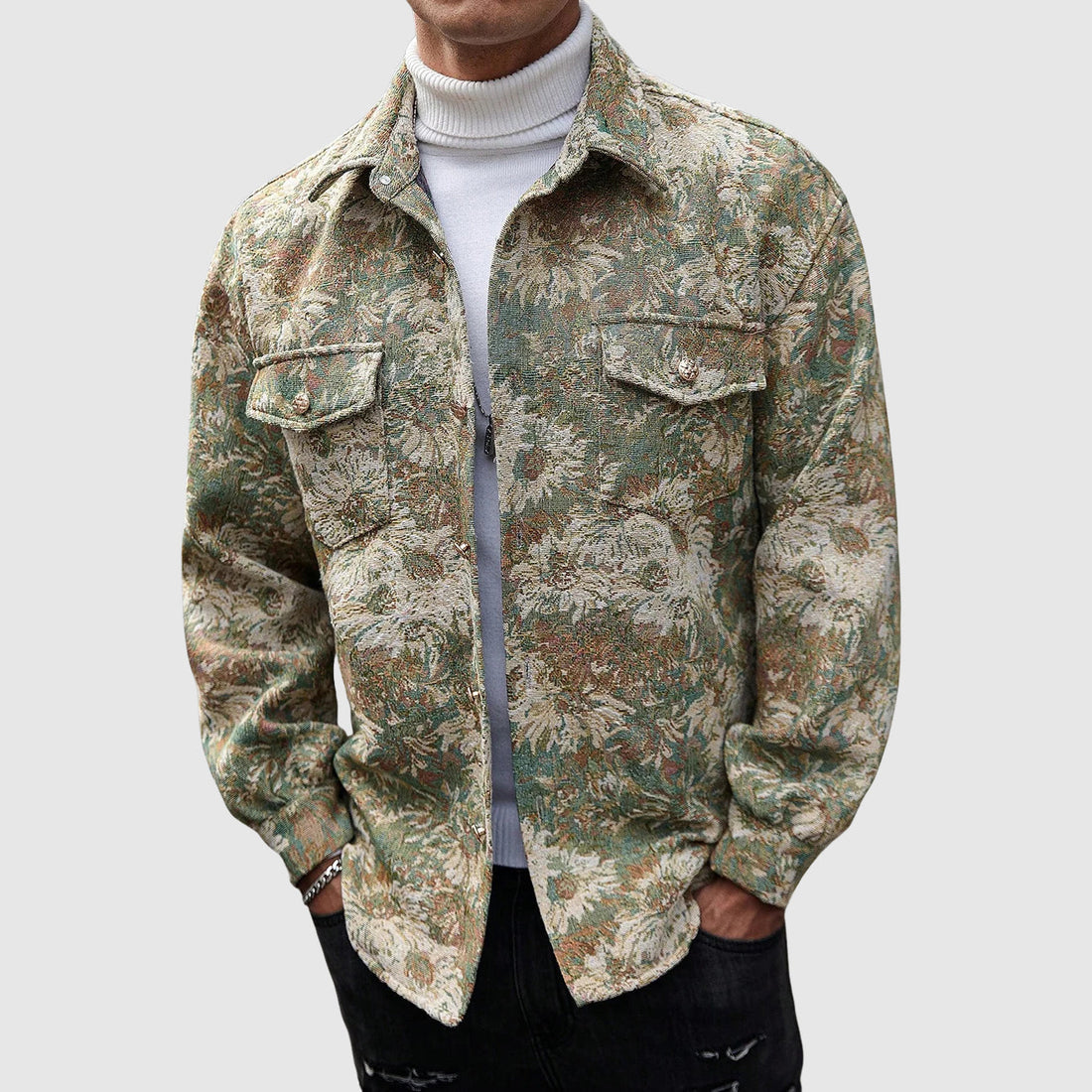 Men’s Jacket – Relaxed Fit – Woven Jacquard Fabric – Long Sleeve – Button Pockets