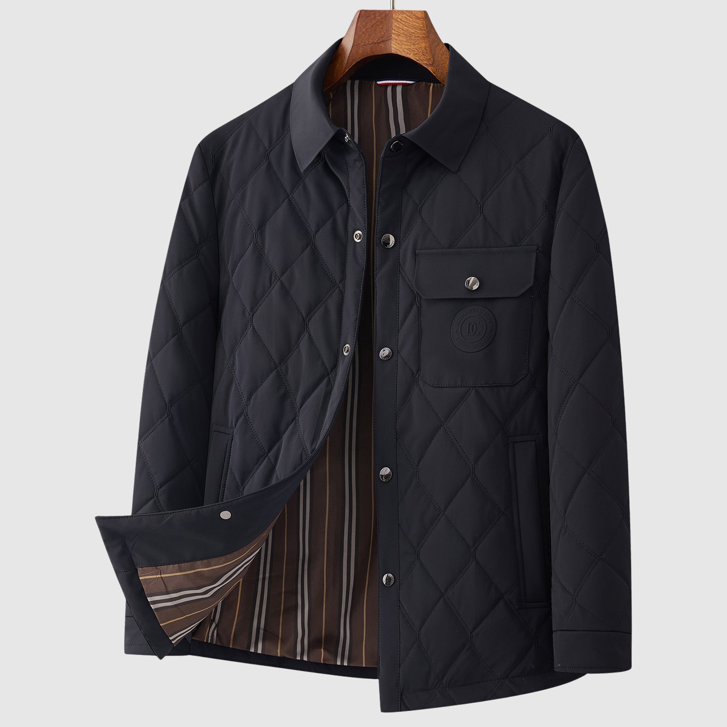 Men’s Quilted Jacket – Diamond Stitch – Hip Length – Button Front – Patch Pocket