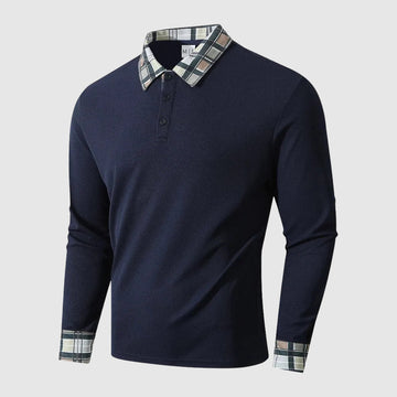 Men’s Long Sleeve Polo Shirt – Ribbed Knit – Regular Fit – Plaid Collar and Cuffs