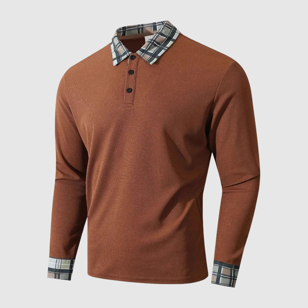 Men’s Long Sleeve Polo Shirt – Ribbed Knit – Regular Fit – Plaid Collar and Cuffs