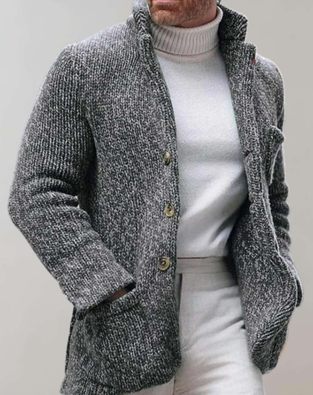 Men’s Cardigan – Relaxed Fit – Chunky Knit – Standing Collar – Button Front – Patch Pockets