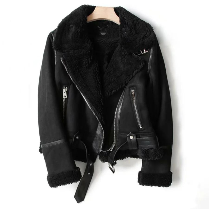 Leather jacket with sherpa lining for women