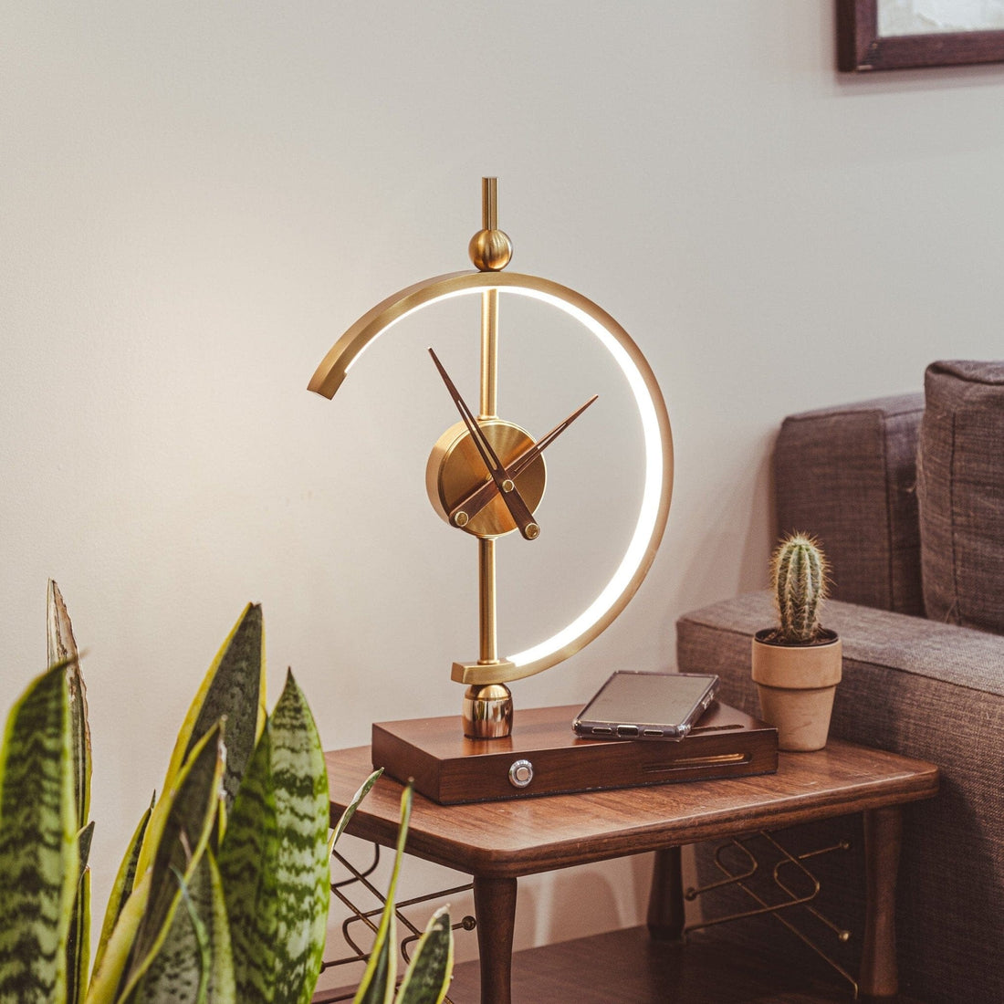 Brass Crescent LED Clock Table Lamp