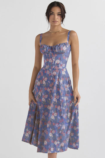Women's Midi Dress - Floral Print - Sweetheart Neckline - Adjustable Straps - Flared Skirt