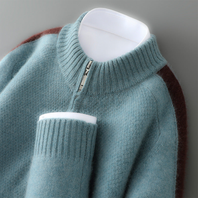 Men’s Sweatshirt – Wool – Classic Fit – Half Zip – Ribbed Collar and Cuffs – Shoulder Detail