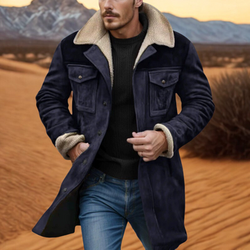 Men’s Trench Coat – Relaxed Fit – Plush Collar and Cuffs – Button Front – Full Length