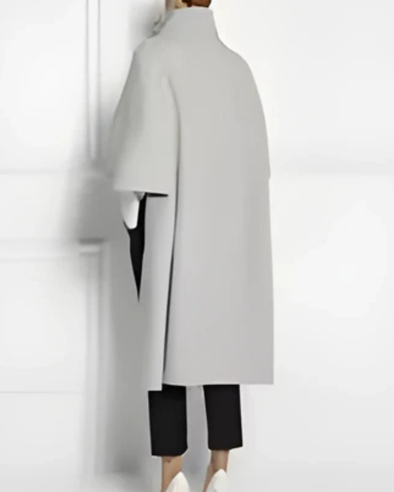 Women’s Cape Coat – Wool Blend – Loose Fit – High Stand Collar – High-Low Hemline