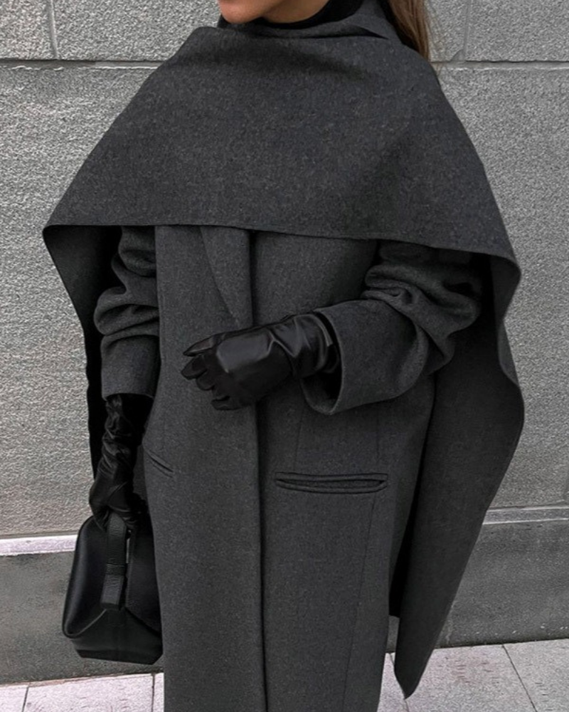 Women’s Long Coat – Wool – Double-Breasted – Oversized Fit – Scarf Cape Detail