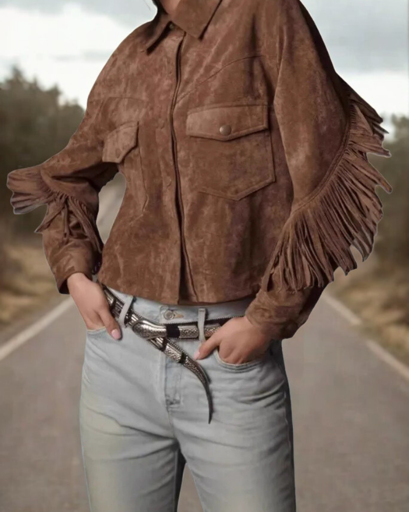 Women’s Cropped Jacket – Suede Feel – Relaxed Fit – Fringe Trim – Western Style