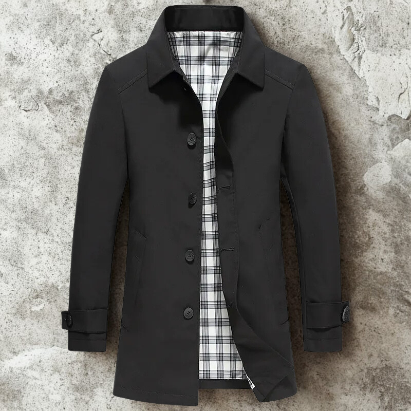 Men’s Mid-Length Jacket – Slim Regular Fit – Plaid Lining – Button Front – Lapel Collar