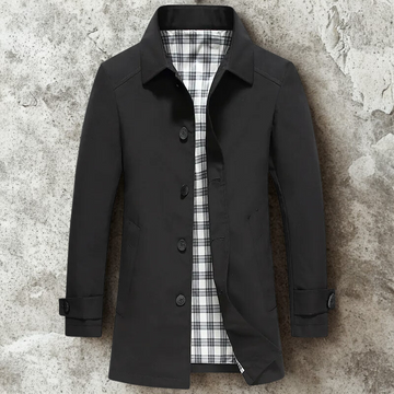 Men’s Mid-Length Jacket – Slim Regular Fit – Plaid Lining – Button Front – Lapel Collar