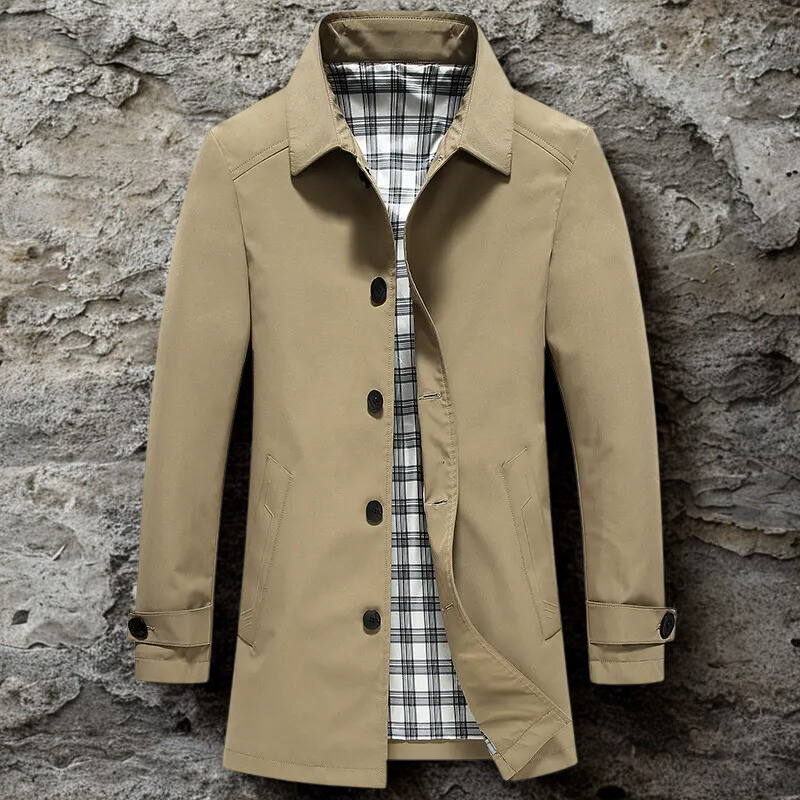 Men’s Mid-Length Jacket – Slim Regular Fit – Plaid Lining – Button Front – Lapel Collar