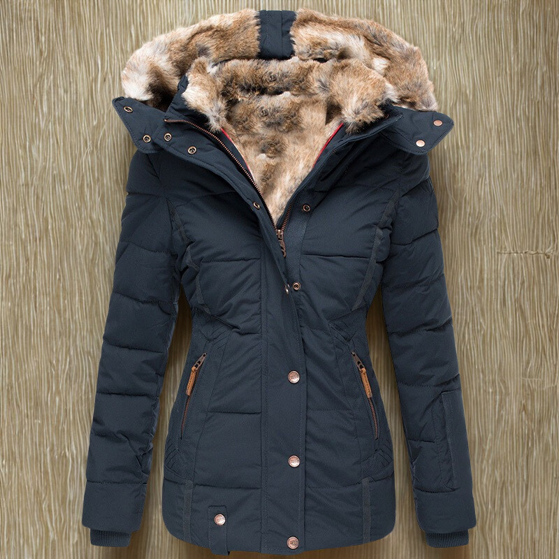 Women’s Padded Jacket – Slim Fit – Quilted – Faux Fur Hood – Zipper Closure – Ribbed Cuffs