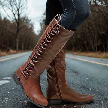 Women’s Knee-High Boots – Faux Leather – Criss-Cross Lacing – Side Zipper – Low Heel