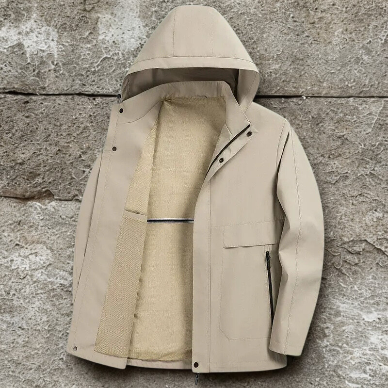 Men’s Hooded Jacket – Regular Fit – Cotton Blend – Zip and Snap Closure – Patch Pockets