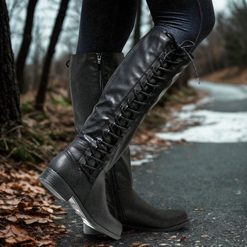 Women’s Knee-High Boots – Faux Leather – Criss-Cross Lacing – Side Zipper – Low Heel