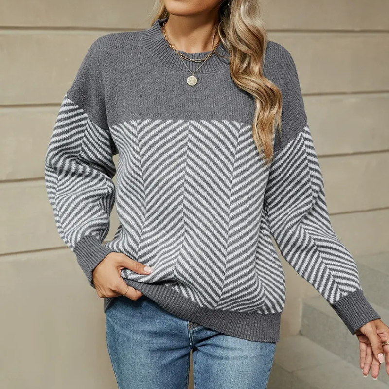 Women’s Sweatshirt – Relaxed Fit – Chevron Knit – Ribbed Crew Neck – Long Sleeve