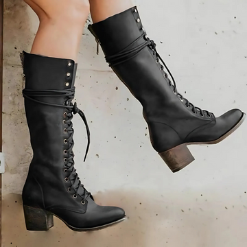 Women’s Knee-High Boots – Lace-Up Front – Block Heel – Rounded Toe – Back Zipper