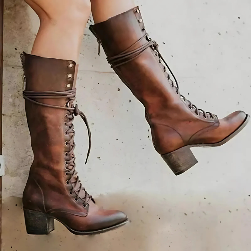 Women’s Knee-High Boots – Lace-Up Front – Block Heel – Rounded Toe – Back Zipper