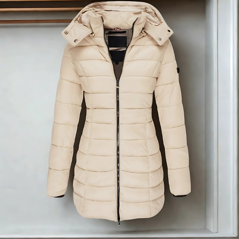 Women’s Puffer Coat – Slim Fit Quilted – Hooded Mid-Length with Ribbed Cuffs