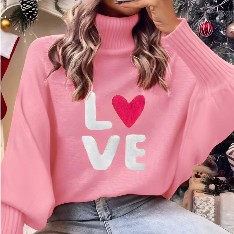 Women’s Pullover Sweatshirt – Oversized Fit – Soft Knit – Bat Sleeve – Turtleneck – LOVE Graphic