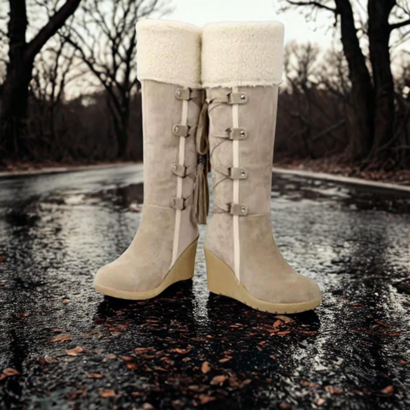 Women’s Mid-Calf Boots – Wedge Heel – Faux Fur Cuff – Tassel Strap Detailing