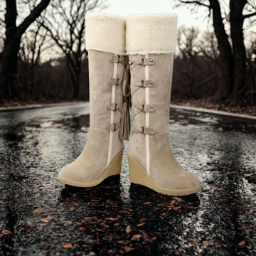 Women’s Mid-Calf Boots – Wedge Heel – Faux Fur Cuff – Tassel Strap Detailing