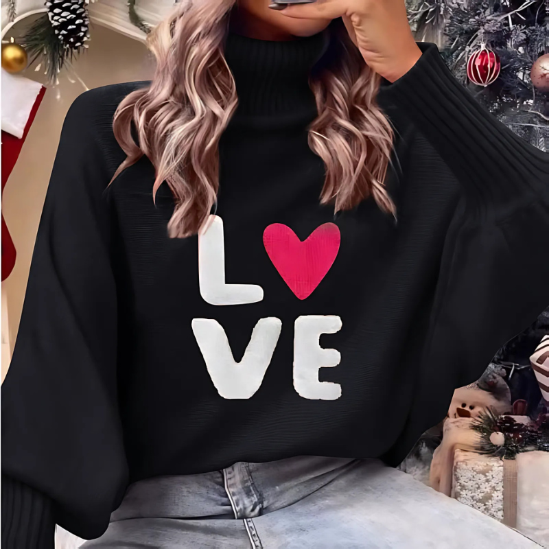 Women’s Pullover Sweatshirt – Oversized Fit – Soft Knit – Bat Sleeve – Turtleneck – LOVE Graphic