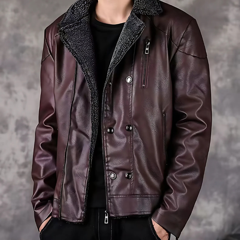 Men’s Faux Leather Jacket – Regular Fit – Shearling Lined – Quilted Shoulders – Dual Closure