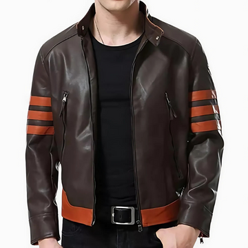 Men’s Leather Jacket – Slim Fit – Stand-Up Collar – Zippered Chest Pockets – Biker Style
