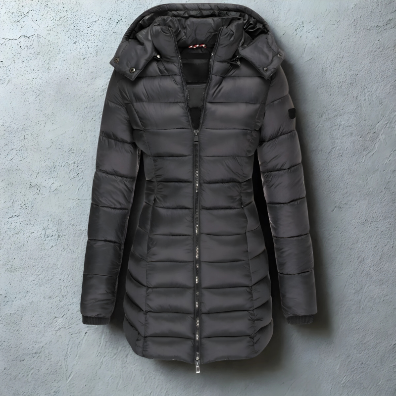 Women’s Puffer Coat – Slim Fit Quilted – Hooded Mid-Length with Ribbed Cuffs