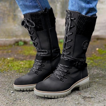 Women’s Mid-Tube Boots – Lace-Up Front – Knitted Cuff – Buckle Strap – Rugged Sole