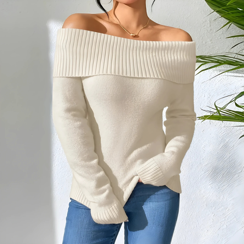 Women’s Off-Shoulder Sweatshirt – Slim Fit – Soft Knit – Ribbed Trim – Hip Length