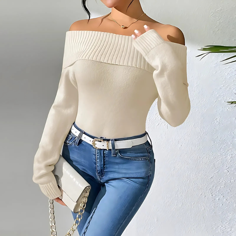 Women’s Off-Shoulder Sweatshirt – Slim Fit – Soft Knit – Ribbed Trim – Hip Length
