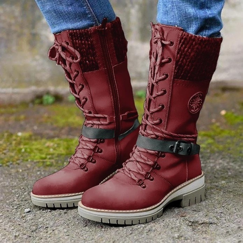 Women’s Mid-Tube Boots – Lace-Up Front – Knitted Cuff – Buckle Strap – Rugged Sole