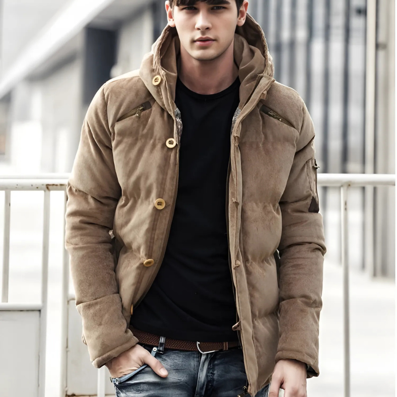 Men’s Padded Coat – Relaxed Fit – Hooded – Zip & Button Closure – Chest Pockets