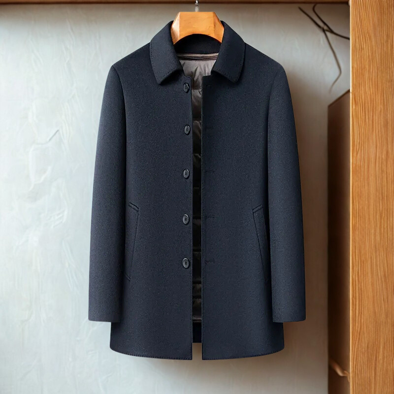 Men’s Mid-Length Coat – Wool Blend – Relaxed Fit – Single-Breasted – Insulated Lining