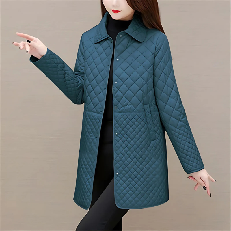 Women’s Quilted Coat – Mid-Length – Relaxed Fit – Rhombus Pattern – Button Front